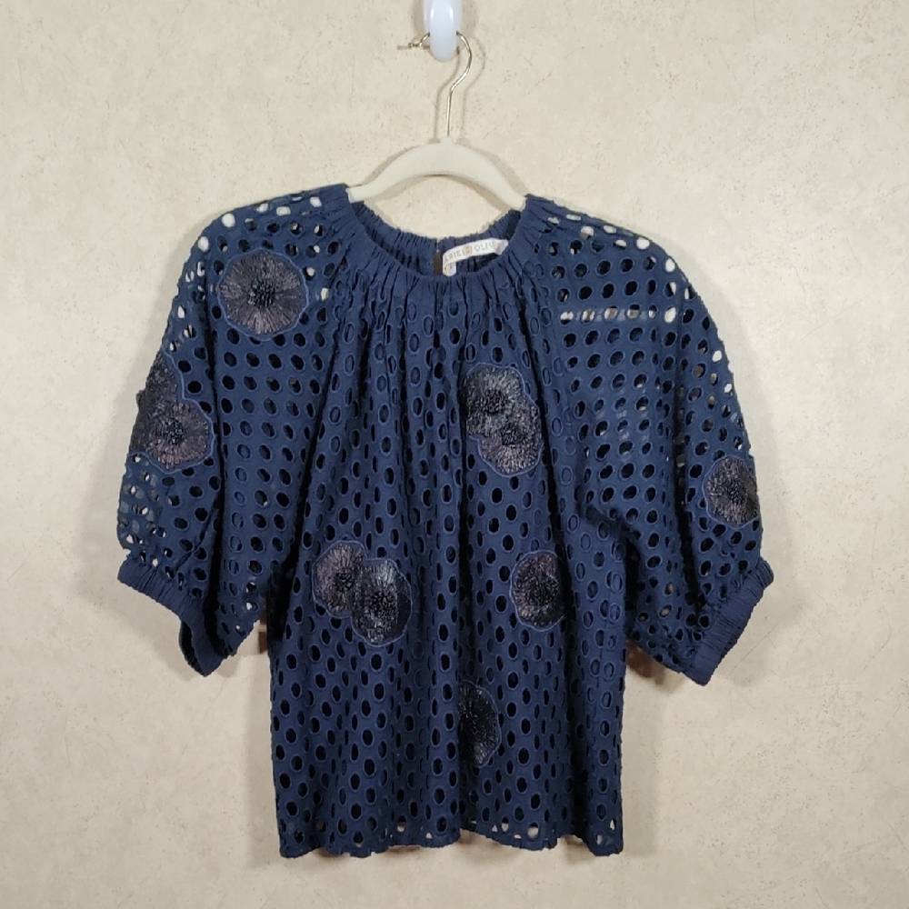 G136 Marie Oliver Indigo Blue Doro Top cotton w/raffia embroidery S